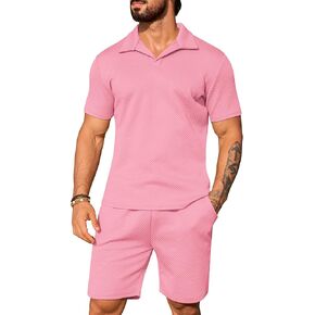 URRU Men's 2 Pieces Short Sets Casual Beach Outfits Short Sleeve Texture shirts Summer Outfits Short Set