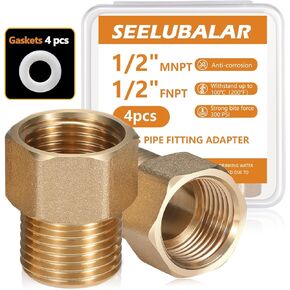 4 Pack Brass Pipe Fitting, 1/2" NPT Male Pipe x 1/2" NPT Pipe Fitting Adapter, 1/2 Inch Male to 1/2 Inch Female Fdapter, 1/2'' NPT Brass Water Pipe Adapte