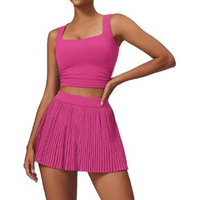 Women 2 Piece Tennis Dresses High Waisted Pleated Skirt Sets Sleeveless Racerback Padded Crop Top Seamless Golf Outfits