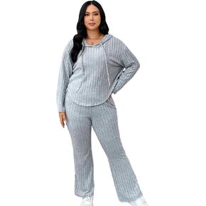 WDIRARA Women's Plus Size 2 Piece Outfit Drawstring Long Sleeve Hoodie and Rib Knit Pants Set