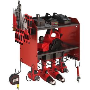 Stalwart Power Tool Organizer Wall Mount with Charging Station - 4 Drill Holder with 8 Outlet Power Strip - Garage Organizer Tool Storage Rack