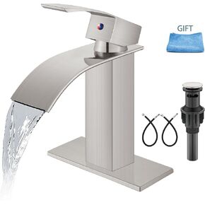 Aolemi Bathroom Faucet Single Handle 1 Hole Deck Mount Lavatory Vanity RV Sink Mixer Basin Tap with Cover Plate and Pop Up Drain Assembly, Brushed Nickel, Waterfall Spout