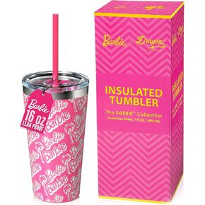 Dragon Glassware x Barbie Vacuum Insulated Tumbler with Lid and Straw - 16 oz Tumbler Cup with 2 Straws - Stainless Steel Cup for Water, Iced Tea - Classic