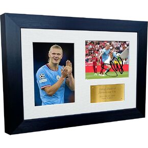 12x8 A4 Erling Haaland Manchester City Triple Autographed Signed Photo Photograph Picture Frame Football Soccer Poster Gift Gold