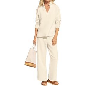 ANRABESS Lounge Sets for Women 2 Piece Outfits Sweatsuit Set Fall V Neck Sweatshirts Wide Leg Pants Tracksuits Almond Large