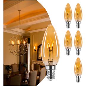 Amber Candelabra Bulb 25W Equivalent, 2W Ultra-Fine Filament E12 Base Candelabra LED Light Bulb, Dimmable Amber LED Bulbs 2000k Soft Warm, Candle Chandelier Bulbs, 6 Pack