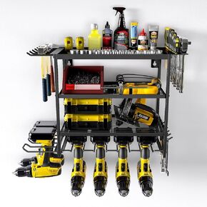 Power Tool Organizer Rack,Heavy Duty 4 Layer Drill Holder with Hooks,Storage Rack Metal Shelf Organization for Battery Tool Box,Mens Gift for Father's Day