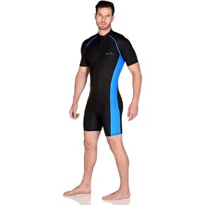 Men's One Piece Sunsuit Short Sleeves Swimsuit UV Protective Swimwear UPF50+ Black Blue