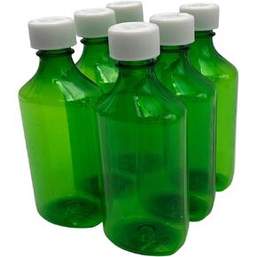 Sandhill Tools Plastic Green Liquid Graduated Medicine Bottles with Child Resistant Caps 8 oz Oval Pharmacy Container (6 Pack)