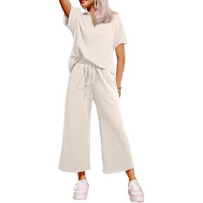 Dokotoo Women's 2 Piece Outfits Sweatsuit Casual Lapel Collar Short Sleeve Tops Drawstring Wide Leg Pant Lounge Sets in Kuwait
