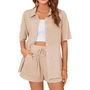 Blooming Jelly Womens 2 قطعة من الكتان مجموعات Botton أسفل القميص شورت شورت Summer Beach Outfits Lounge (M ، khaki)