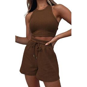 Women's Ribbed Knit Pajama Sleeveless Sweatsuits Crop Top Pullover Tracksuits Round Neck Loungewear Set