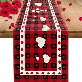 YUJUN Valentine's Day Table Runner,Love Heart Burlap Rustic Anniversary Wedding Holiday Kitchen Dining Table Runners for Valentine's Day Farmhouse Indoor Home Decoration 13 x 73 Inch