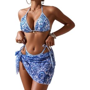 3 Piece Swimsuits for Women Sexy Thong Bikini Sets Bottoms Halter Triangle Bathing Suits Tops Floral Print Cover up