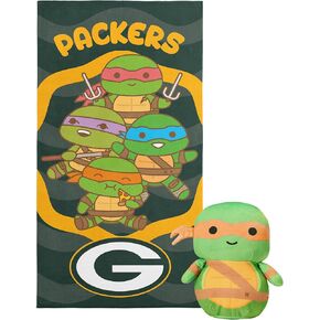 NORTHWEST Official NFL Green Bay Packers & Teenage Mutant Ninja Turtles Seashells Character Hugger Plush & Beach Towel Set, 27" x 54"