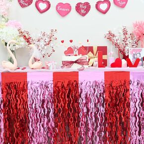Mega-L Valentines Party Decorations, 2 Pack Valentine's Day Red Pink Table Skirts, Valentines Wavy Metallic Tinsel Foil Fringe Table Skirts for Rectangle and Round Table, Table Decorations for Party in Kuwait