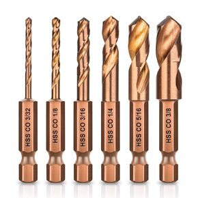 M35 Cobalt Stubby Drill Bits, 6 Piece Short Drill Bit Set for Metal, 1/4" Quick Change Hex Shank with Storage Case, Sizes 3/32"-1/8"-3/16"-1/4"-5/16-3/8" for Carbide Metal Wood Plastic