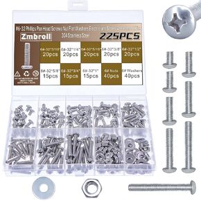 225Pcs #6-32 Pan Head Machine Screw,304 Stainless Steel Electricians Screw,Fully Machine Thread Screws,Phillips Drive Fastener,Bolts Flat Washers and Nuts Assortment Kit