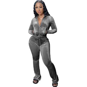 Womens 2 Piece Solid Velour Tracksuits Two Piece Velvet Lounge Outfits for Women, Long Sleeve Tops Sweatsuits Casual Zip-Up Jacket Workout Pants Matching Set with Pockets, Sports Jogging Sets Black XS