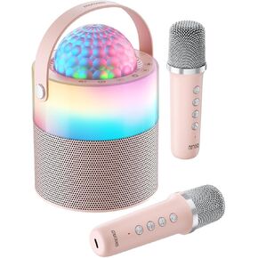 Karaoke Machine, Mini Portable Bluetooth Speaker Wireless with 2 Wireless Mics for Adults Kids Singing Machine, Disco LED Lights for Travel Girls Boys Home Party Gifts (Pink)