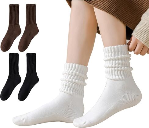 LGE Women's Slouch Crew Socks athletic socks Cotton 3 pairs retro mid tube solid color stacked tube socks casual boat socks in Saudi Arabia