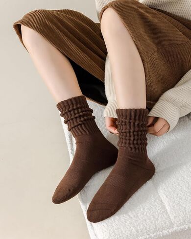 LGE Women's Slouch Crew Socks athletic socks Cotton 3 pairs retro mid tube solid color stacked tube socks casual boat socks in Saudi Arabia