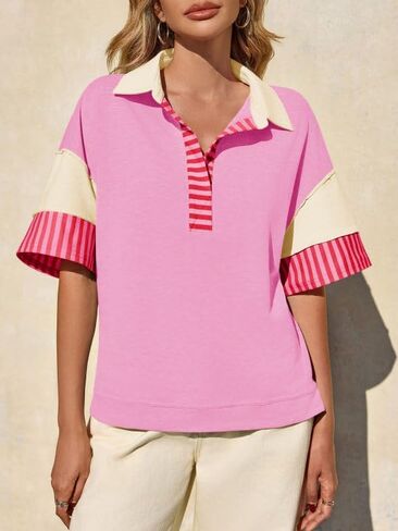 Fisoew Womens Color Block Sweatshirts Casual Short Sleeve Collared V Neck Slit Loose Summer T Shirts in Saudi Arabia