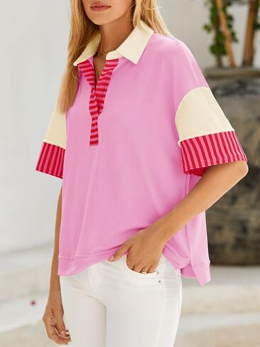 Fisoew Womens Color Block Sweatshirts Casual Short Sleeve Collared V Neck Slit Loose Summer T Shirts in Saudi Arabia