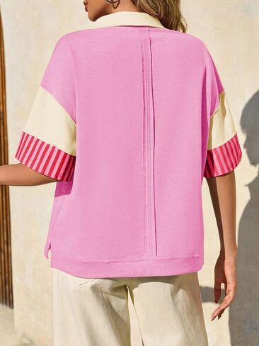 Fisoew Womens Color Block Sweatshirts Casual Short Sleeve Collared V Neck Slit Loose Summer T Shirts in Saudi Arabia