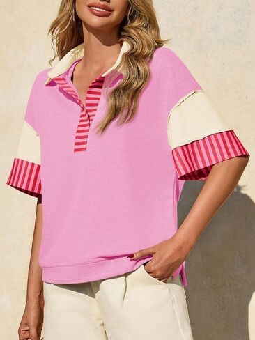 Fisoew Womens Color Block Sweatshirts Casual Short Sleeve Collared V Neck Slit Loose Summer T Shirts in Saudi Arabia