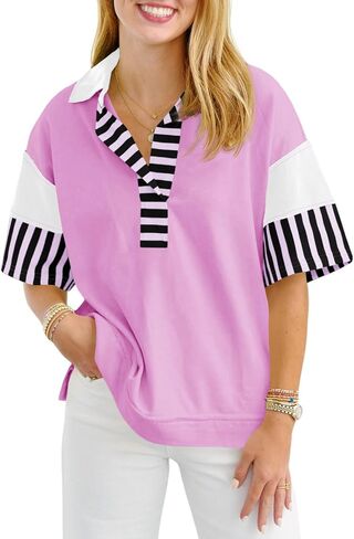 Fisoew Womens Color Block Sweatshirts Casual Short Sleeve Collared V Neck Slit Loose Summer T Shirts in Saudi Arabia