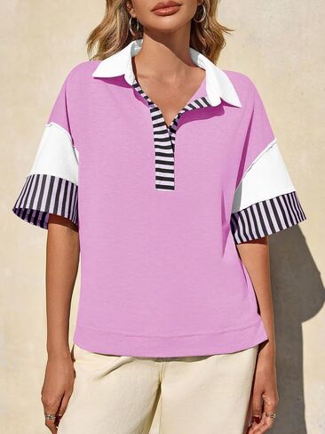 Fisoew Womens Color Block Sweatshirts Casual Short Sleeve Collared V Neck Slit Loose Summer T Shirts in Saudi Arabia