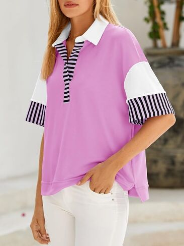 Fisoew Womens Color Block Sweatshirts Casual Short Sleeve Collared V Neck Slit Loose Summer T Shirts in Saudi Arabia