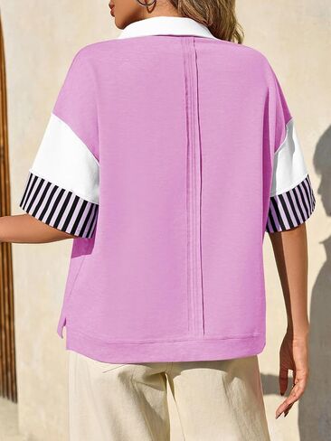 Fisoew Womens Color Block Sweatshirts Casual Short Sleeve Collared V Neck Slit Loose Summer T Shirts in Saudi Arabia