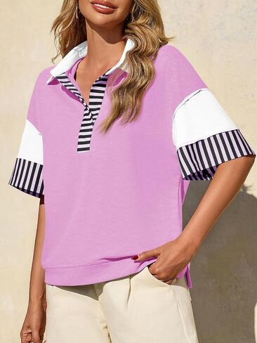 Fisoew Womens Color Block Sweatshirts Casual Short Sleeve Collared V Neck Slit Loose Summer T Shirts in Saudi Arabia