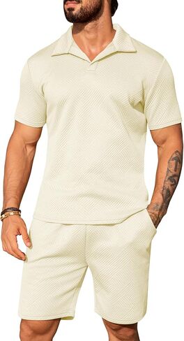 URRU Men's 2 Pieces Short Sets Casual Beach Outfits Short Sleeve Texture shirts Summer Outfits Short Set in Saudi Arabia