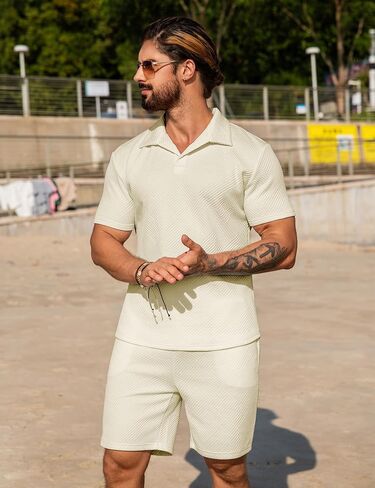URRU Men's 2 Pieces Short Sets Casual Beach Outfits Short Sleeve Texture shirts Summer Outfits Short Set in Saudi Arabia