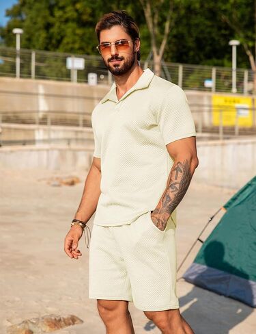 URRU Men's 2 Pieces Short Sets Casual Beach Outfits Short Sleeve Texture shirts Summer Outfits Short Set in Saudi Arabia