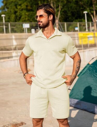 URRU Men's 2 Pieces Short Sets Casual Beach Outfits Short Sleeve Texture shirts Summer Outfits Short Set in Saudi Arabia