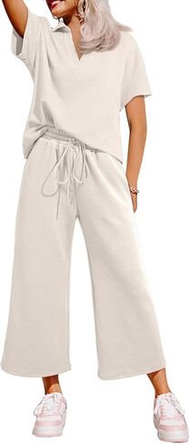 Dokotoo Women's 2 Piece Outfits Sweatsuit Casual Lapel Collar Short Sleeve Tops Drawstring Wide Leg Pant Lounge Sets in Kuwait