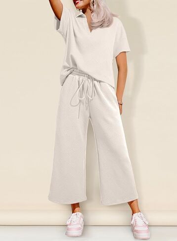 Dokotoo Women's 2 Piece Outfits Sweatsuit Casual Lapel Collar Short Sleeve Tops Drawstring Wide Leg Pant Lounge Sets in Kuwait
