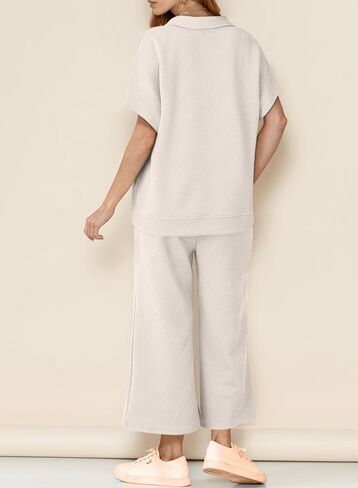 Dokotoo Women's 2 Piece Outfits Sweatsuit Casual Lapel Collar Short Sleeve Tops Drawstring Wide Leg Pant Lounge Sets in Kuwait