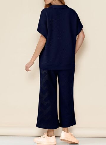 Dokotoo Women's 2 Piece Outfits Sweatsuit Casual Lapel Collar Short Sleeve Tops Drawstring Wide Leg Pant Lounge Sets in Saudi Arabia