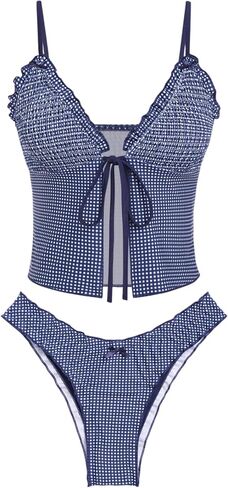 ZAFUL Tankini Swimsuits for Women Smocked Ruffles Tie Front Bowknot Textured High Cut Tanga Tankini Set in Saudi Arabia