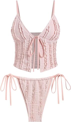 ZAFUL Tankini Swimsuits for Women Smocked Ruffles Tie Front Bowknot Textured High Cut Tanga Tankini Set in Saudi Arabia