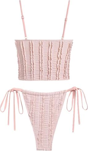 ZAFUL Tankini Swimsuits for Women Smocked Ruffles Tie Front Bowknot Textured High Cut Tanga Tankini Set in Saudi Arabia