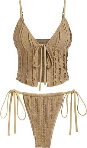 ZAFUL Tankini Swimsuits for Women Smocked Ruffles Tie Front Bowknot Textured High Cut Tanga Tankini Set in Saudi Arabia