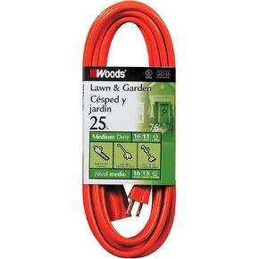 Woods 267 0267 16/3 Outdoor Heavy Duty, Waterproof Flexible Vinyl Jacket, 3-Pronged, 25-Foot, 13 AMP, 1625 Watts, 125 Volts Extension Cord, Orange