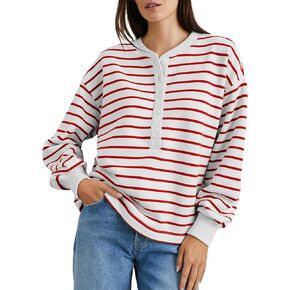 Women's Striped Oversized Sweatshirt Half Button Pullover Tops Long Sleeve Shirts Loose Drop Shoulder Preppy Clothes(Red-XL)