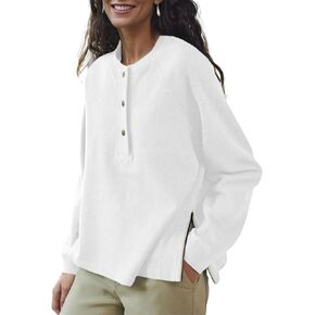 Wenrine Women's Long Sleeve Sweatshirts Half Button Crewneck Casual Raglan Side Zipper Split Pullover